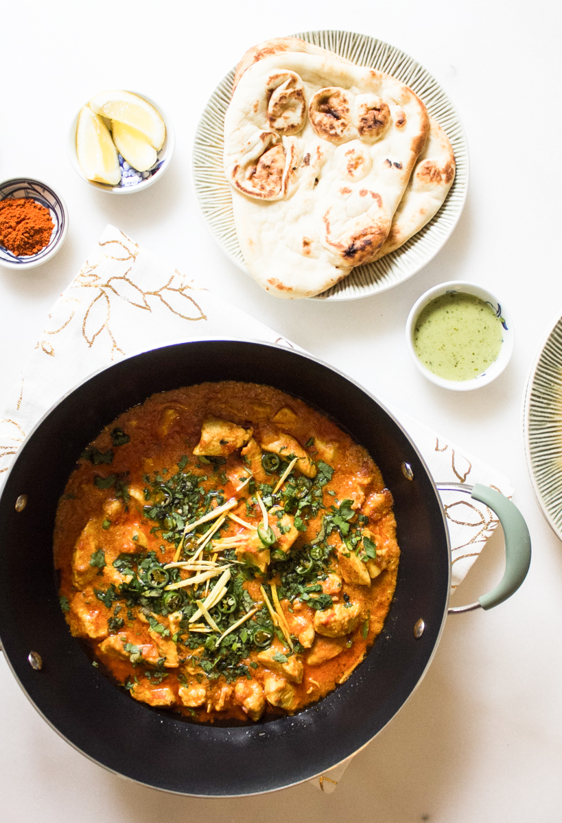 Pakistani ginger chicken with raita and naan