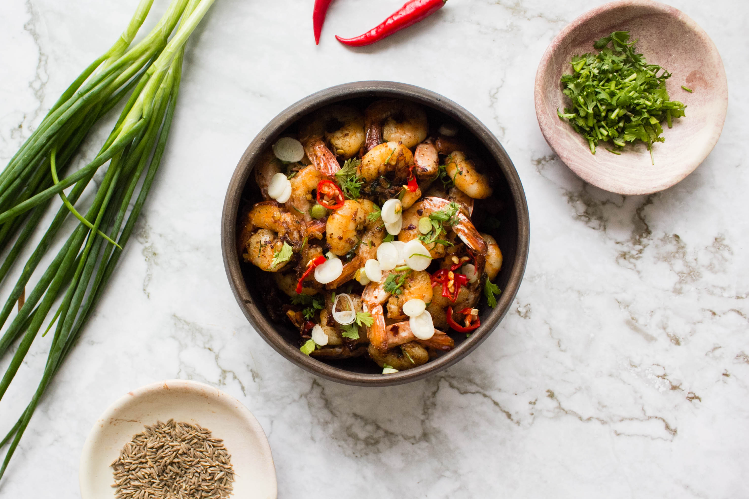 Sindhi style prawn fry with cilantro, green onions and cumin seeds 